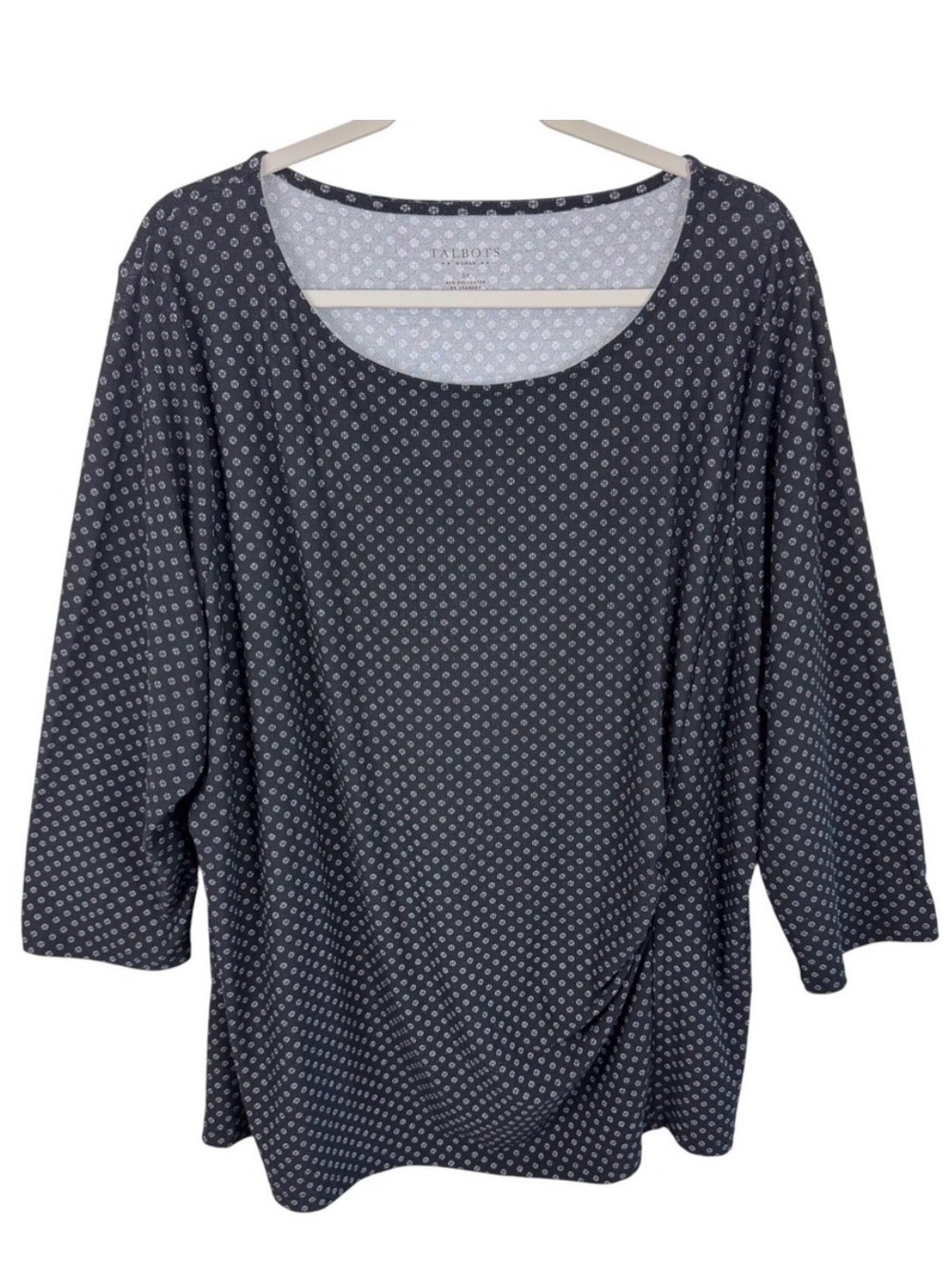 Talbots Woman 3X Black White Geometric Print Ruched 3/4 Sleeve Scoop Neck Top